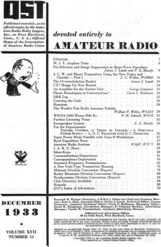 December 1933 QST Table of Contents - RF Cafe