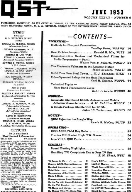 June 1953 QST Table of Contents - RF Cafe