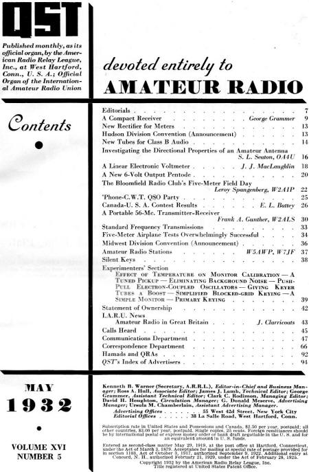 May 1932 QST Table of Contents - RF Cafe