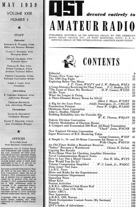 May 1939 QST Table of Contents - RF Cafe