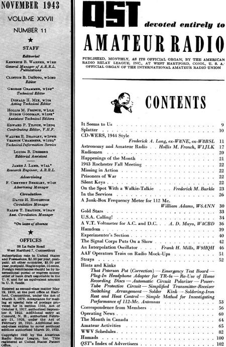 November 1943 QST Table of Contents - RF Cafe