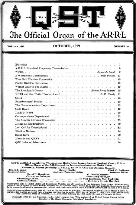 October 1929 QST Table of Contents - RF Cafe