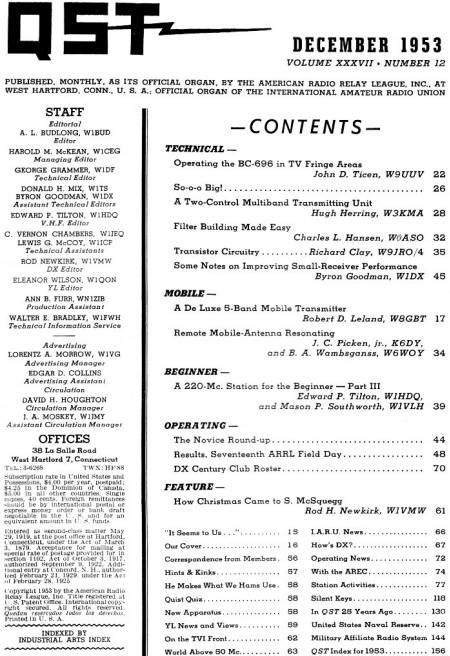 December 1953 QST Table of Contents - RF Cafe