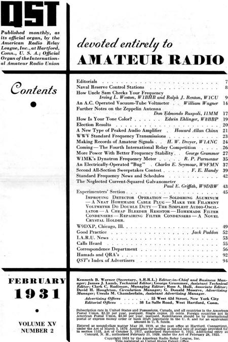February 1931 QST Table of Contents - RF Cafe