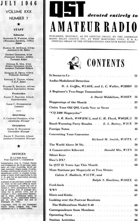July 1946 QST Table of Contents - RF Cafe