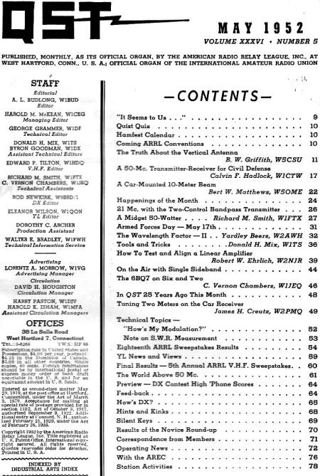May 1952 QST Table of Contents - RF Cafe