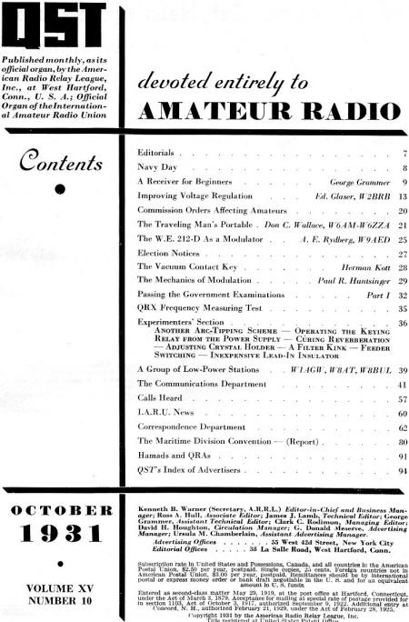 October 1931 QST Table of Contents - RF Cafe