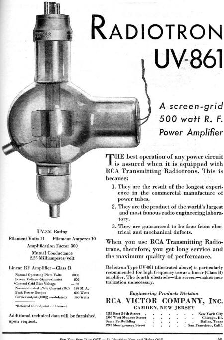 RCA Victor Company Radiotron UV-861, February 1931 QST - RF Cafe