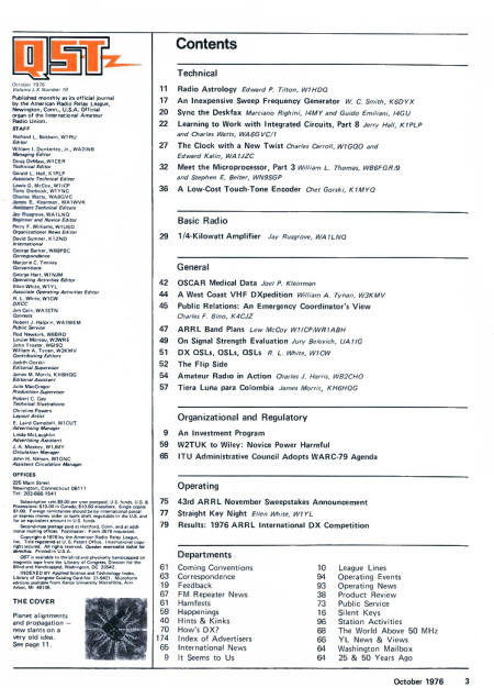October 1976 QST Table of Contents - RF Cafe