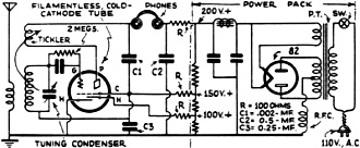 Schematic circuit of a one-tube receiver - RF Cafe