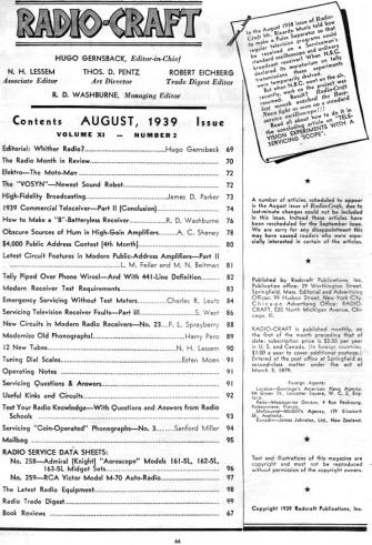 August 1939 Radio Craft Table of Contents - RF Cafe