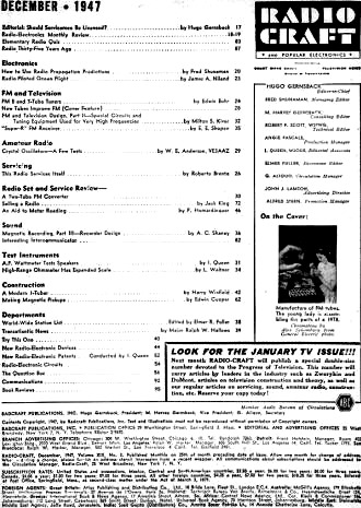 December 1947 Radio Craft Table of Contents - RF Cafe