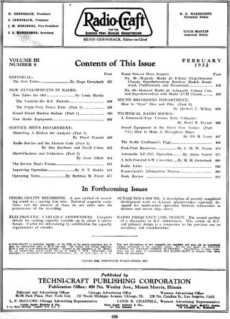 February 1932 Radio Craft Table of Contents - RF Cafe