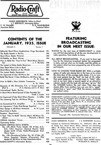 January 1935 Radio Craft Table of Contents - RF Cafe