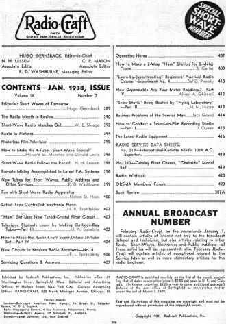 January 1938 Radio Craft Table of Contents - RF Cafe