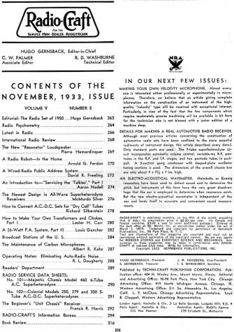 November 1933 Radio Craft Table of Contents - RF Cafe