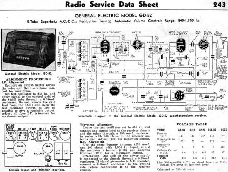 General Electric Model GD-52 Radio Service Data Sheet, January 1939 Radio-Craft - RF Cafe