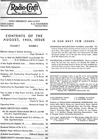 August 1933 Radio Craft Table of Contents - RF Cafe