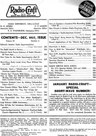 December 1937 Radio Craft Table of Contents - RF Cafe