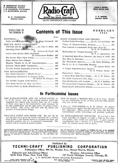 February 1931 Radio Craft Table of Contents - RF Cafe