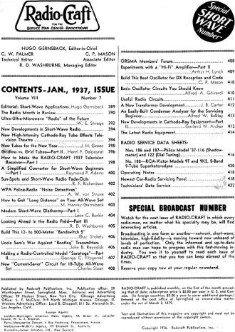 January 1937 Radio Craft Table of Contents - RF Cafe