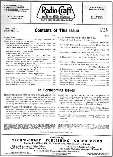 May 1931 Radio Craft Table of Contents - RF Cafe