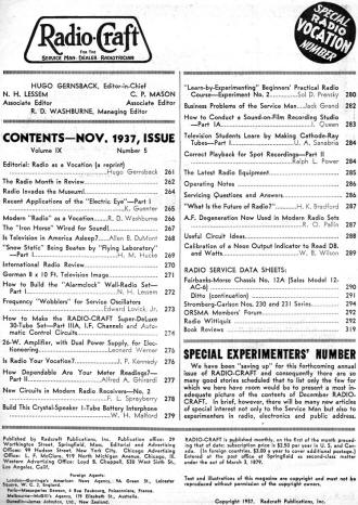 November 1937 Radio Craft Table of Contents - RF Cafe
