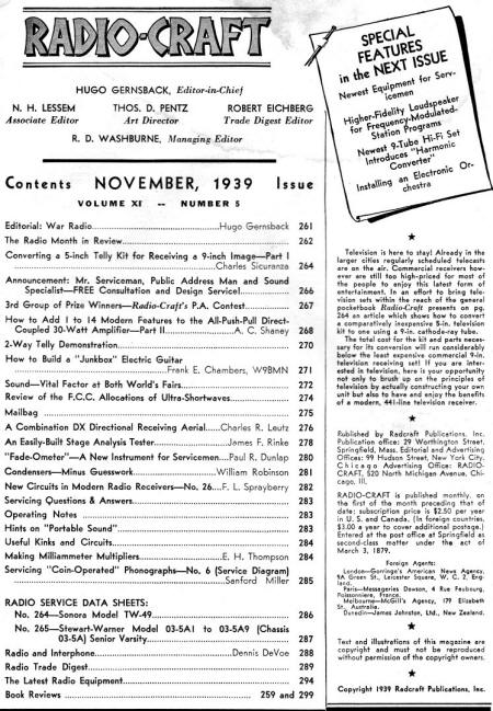 November 1939 Radio Craft Table of Contents - RF Cafe