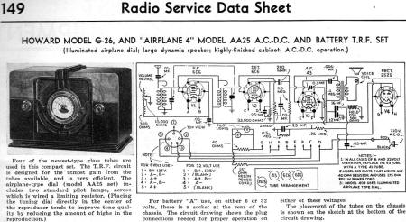 Howard Model G-26, and "Airplane 4" Model AA25 A.C.-D.C. and Battery T.R.F. Set Radio Service Data Sheet, January 1936 Radio-Craft - RF Cafe