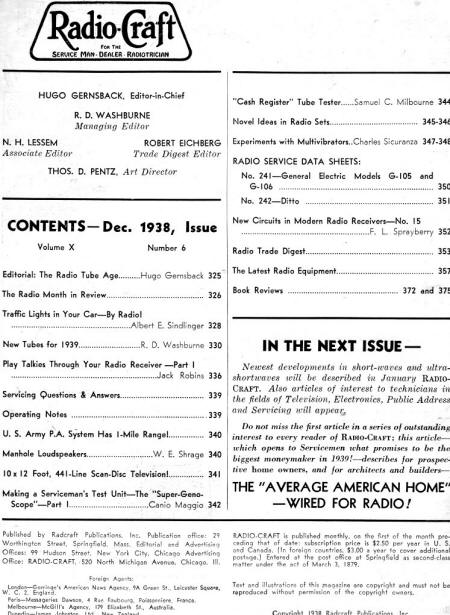December 1938 Radio Craft Table of Contents - RF Cafe