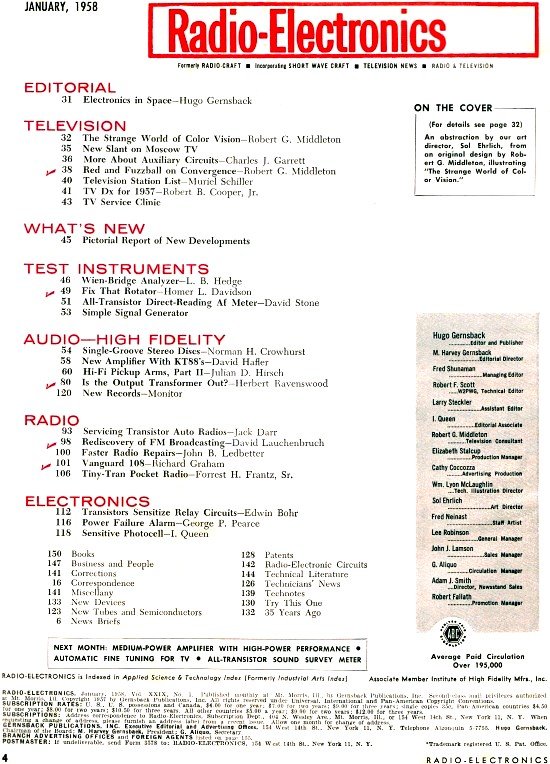 January 1958 Radio-Electronics Table of Contents - RF Cafe