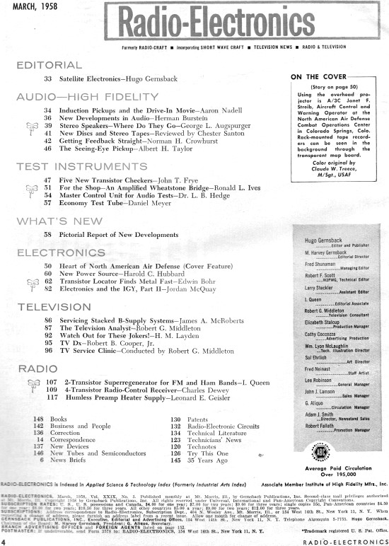 March 1958 Radio-Electronics Table of Contents - RF Cafe