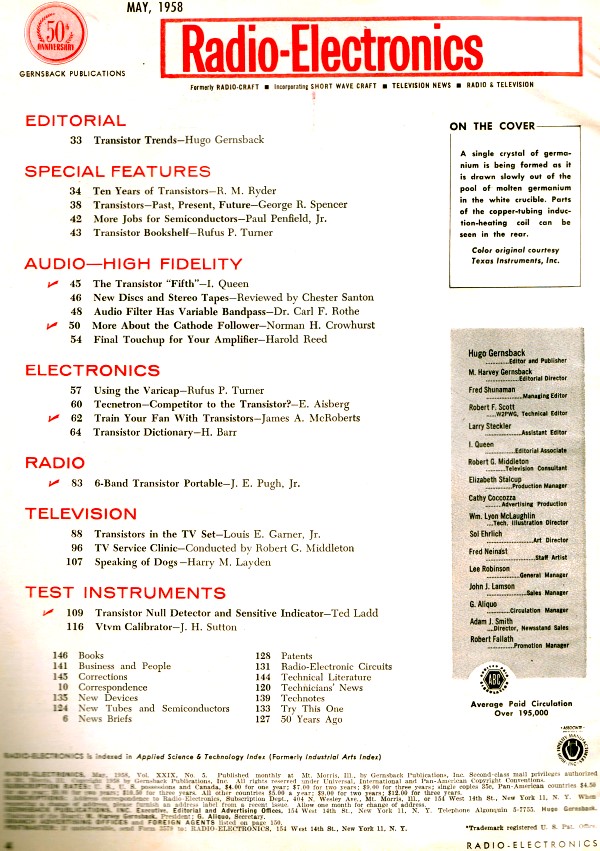 May 1958 Radio-Electronics Table of Contents - RF Cafe