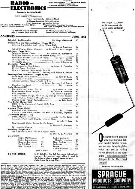 June 1951 Radio-Electronics Table of Contents - RF Cafe