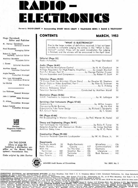 March 1953 Radio-Electronics Table of Contents - RF Cafe