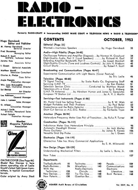 October 1953 Radio-Electronics Table of Contents - RF Cafe