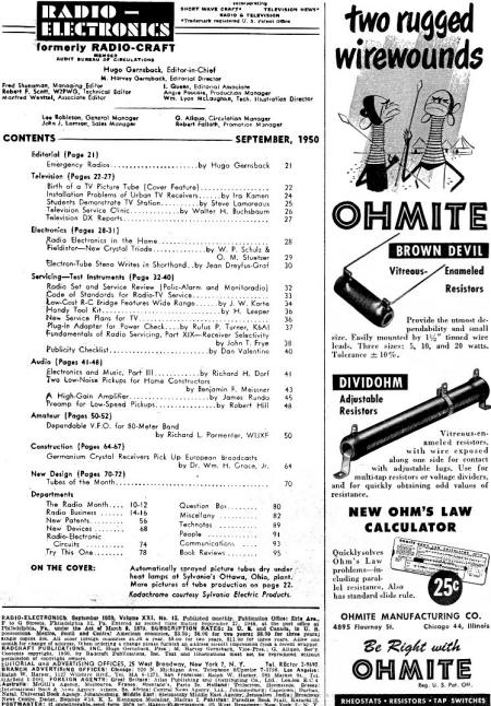 September 1950 Radio-Electronics Table of Contents - RF Cafe