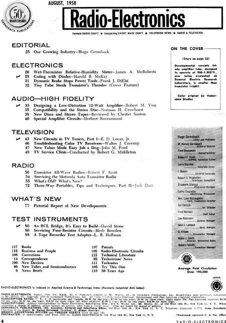 August 1958 Radio-Electronics Table of Contents - RF Cafe