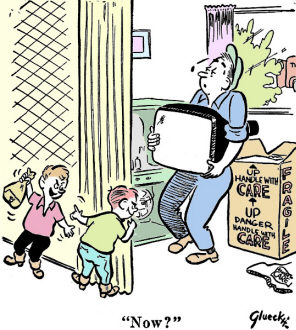 Kids alarming TV repairman carrying picture tube - RF Cafe