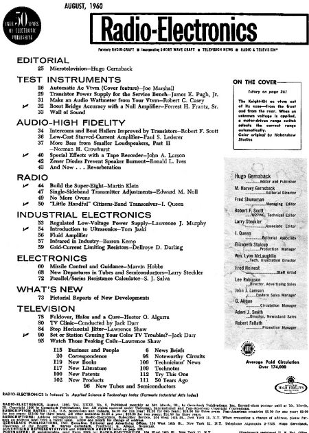 August 1960 Radio-Electronics Table of Contents - RF Cafe