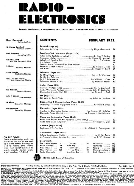 February 1952 Radio-Electronics Table of Contents - RF Cafe