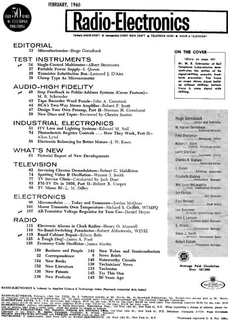 February 1960 Radio-Electronics Table of Contents - RF Cafe