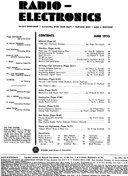 June 1952 Radio-Electronics Table of Contents - RF Cafe