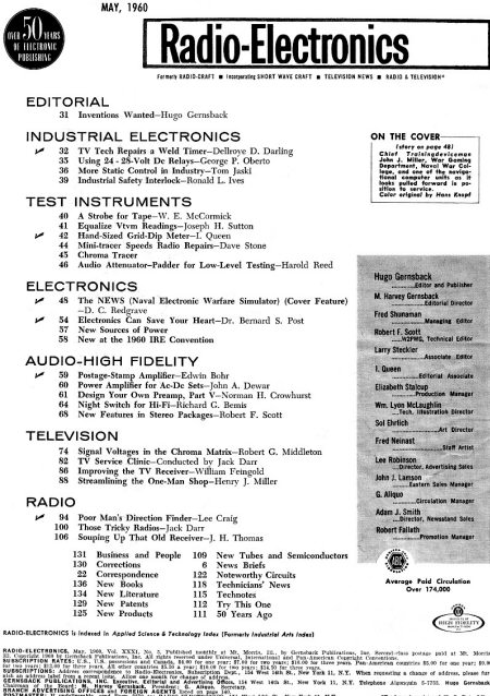May 1960 Radio-Electronics Table of Contents - RF Cafe