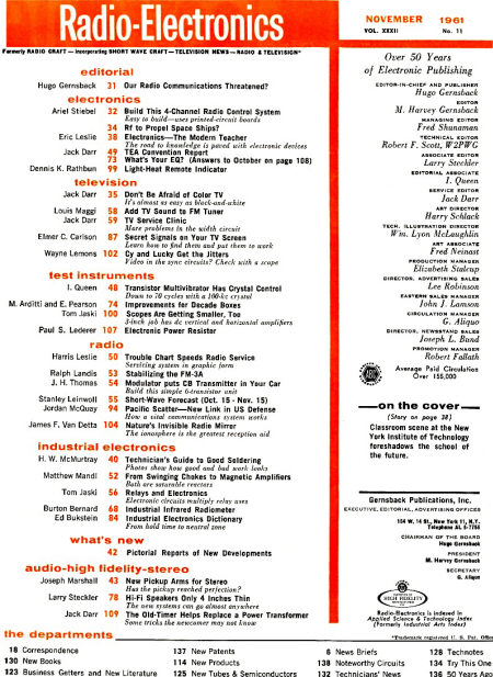 November 1961 Radio-Electronics Table of Contents - RF Cafe