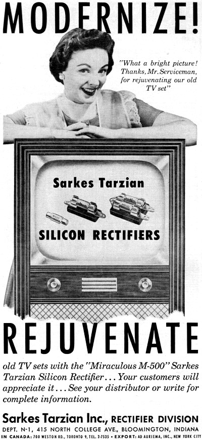 Sarkes Tarzian Silicon Rectifiers Advertisement, August 1957 Radio & TV News - RF Cafe