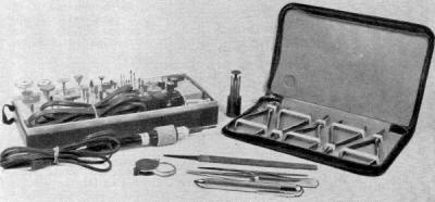 Shown are power tool, jeweler's screwdrivers and pliers, soldering pencil - RF Cafe