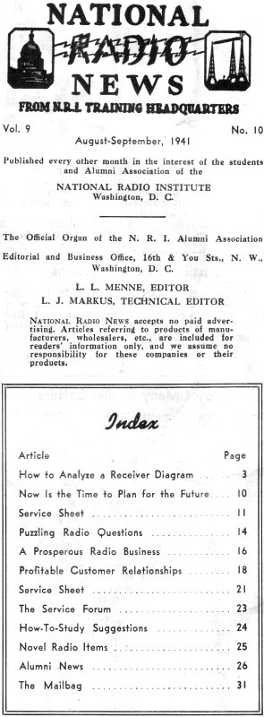 August/September 1941 National Radio News Table of Contents - RF Cafe