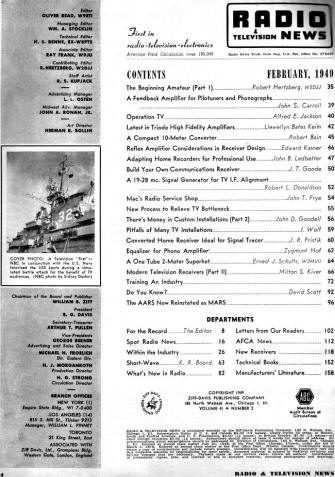February 1949 Radio & TV News Table of Contents - RF Cafe