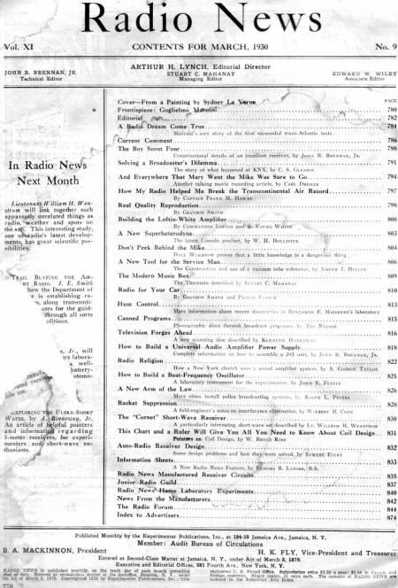 March 1930 Radio News Table of Contents - RF Cafe
